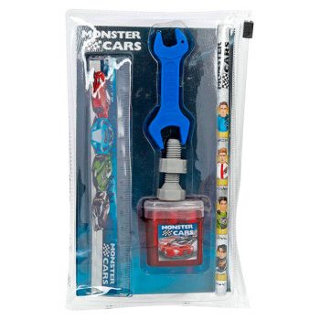 Pack de regla, goma, lápiz y sacapuntas - Monster Cars