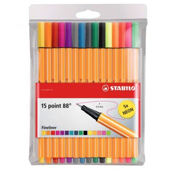 Rotulador punta fina STABILO point 88 - Estuche con 15 colores (5 fluor)